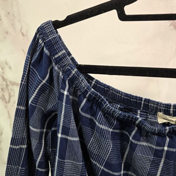 Cloth Stone Shirt Women Small Navy Blue Off Shoulder Check Plaid Slit Picnic - Picture 3 of 14
